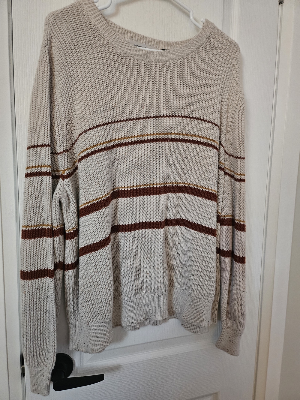 Addition Elle Cream Crewneck Sweater with Rust and Gold Stripes